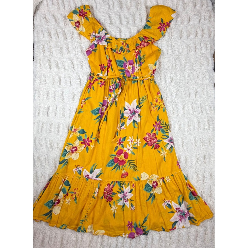 Old Navy Mustard Yellow Floral Tropical Ruffle Cami Midi Dress Medium